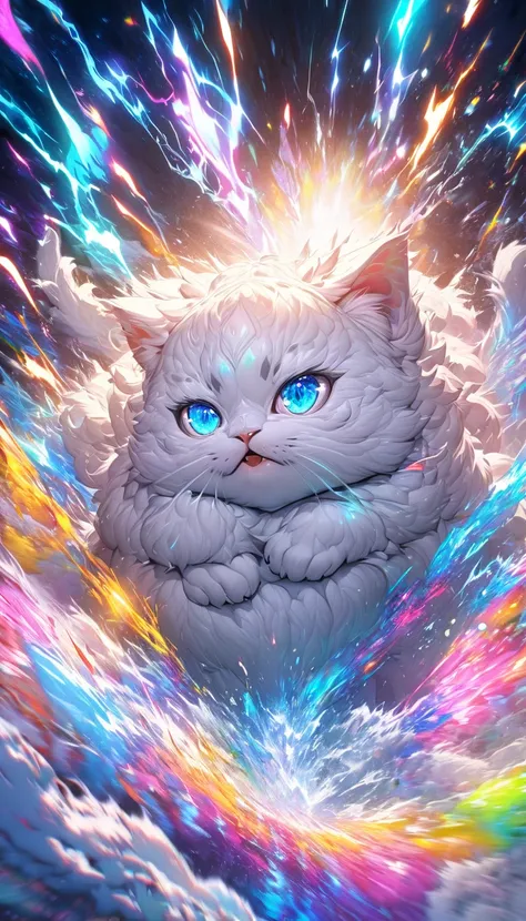 absurdres, highres, ultra detailed, HDR, masterpiece, extremely detailed face and eyes, cute white persian kitten,  ,   , , solo, , , , Epic fight scene, colorful water splashing effect,colorful lightning  effect,glowing glitters,  , cool colorful sparking...