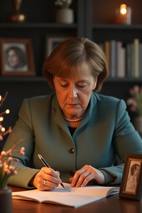  Angela Merkel is sitting at a desk and writing a love letter to Henning. She looks in love 