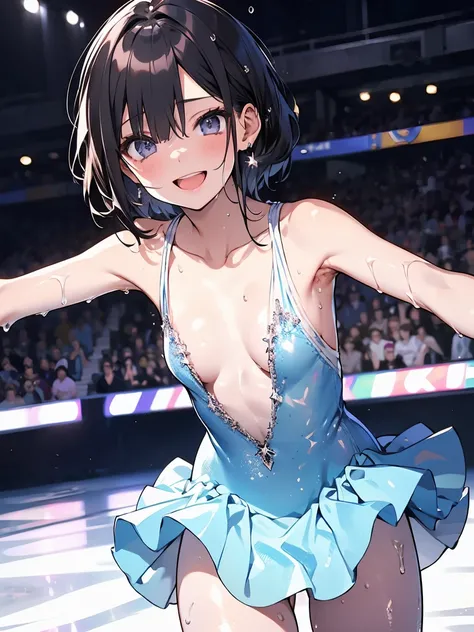 (NSFW:1.2) 、 sexy、  dynamic angle  、  Details、Perfect body、 smile、Star,（  small breasts ) ,  Silver Short Hair 、(( Detailsな膣))、 white dress、(((sweat)))、((( Wet )))、(( figure skating))、( skating rink)、((Ice show ))、((A large number of people))、((dynamic、Pow...