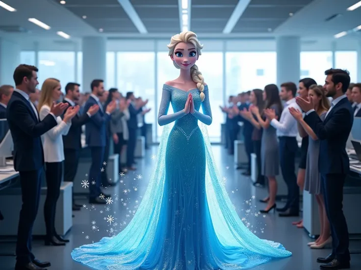 Frozens Elsa is applauded and blessed by many employees in a modern office。Her face is smiling。