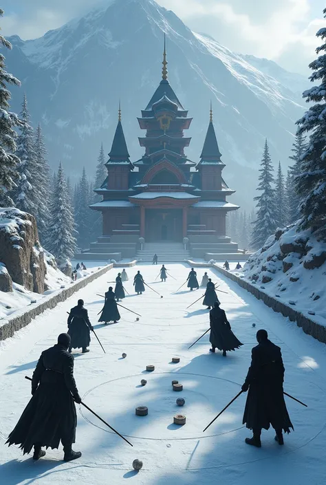 2 ninja teams with 6 ninjas ,   curling 1 team with 3 ninjas outside a mountain temple.