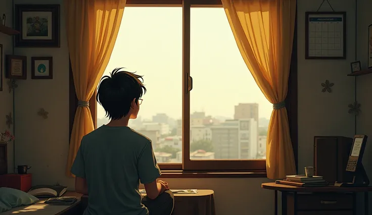 "A thoughtful depiction of a young middle-class person sitting in a small, modest room filled with simple furniture, gazing out of a window with determination. The room has signs of everyday struggles—an old table with books, a basic mobile phone, and a ca...