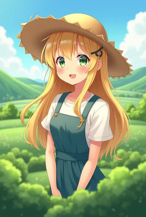 Cute farmer anime girl, long blonde hair, wearing a straw hat