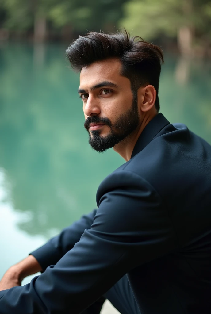 a man sitting next to a body of water, inspired by Saurabh Jethani, shutterstock, romanticism, handsome attractive face, glamor profile pose, stock photo, very attractive man with beard