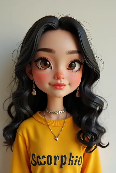 3D caricature of a girl, key chain. High-quality realistic photo, and there is the name "scorpio lily" in 3D letter style, embossed and realistic, in black yellow, indium white and black, Shoulder lenght hair, semi wavy.