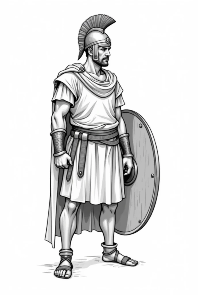 black and white line art of late roman soldier wearing trousers tunic with shield sword