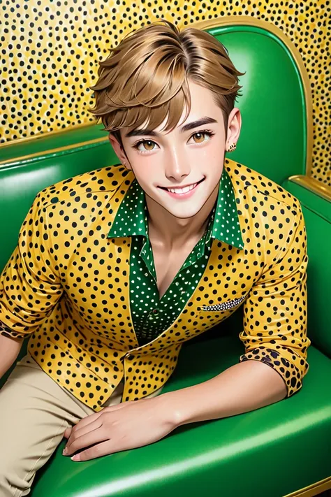 man, A handsome boy,  with short hair , light brown hair, honey eyes, with polka dots on her face , Cheetah ears, Cheetah spots all over your hair and skin, light and short clothing.  smiling at the camera , Sitting on an emerald sofa. man,  mens.