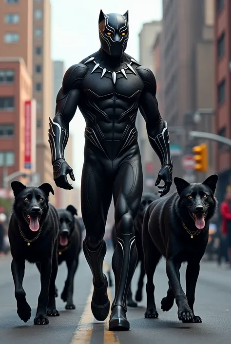 The black panther character walking on the second street guided by several dogs 