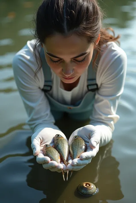 A woman wearing white latex gloves is catching fish，Fish in hand 