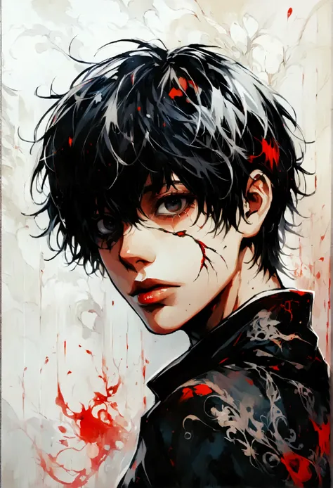 1 male,Kaneki,Tokyo Ghoul,,Sui Ishidas painting style,Intricate details,Detailed depiction of hair,Use black and white as your main colors,Decadent,artwork
