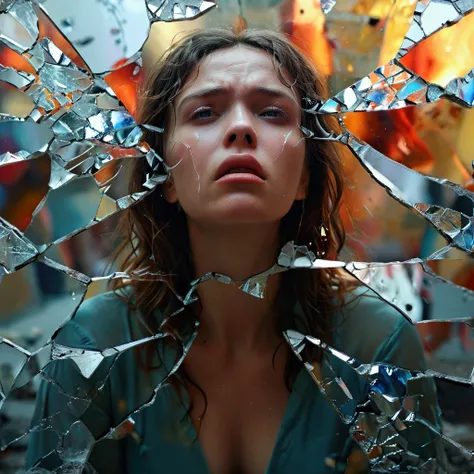 
Cruds effect, Realistic individual of a woman sitting crying surrounded by a cracked mirror shattered glass effect which creates a dramatic and artistic visual illusion.