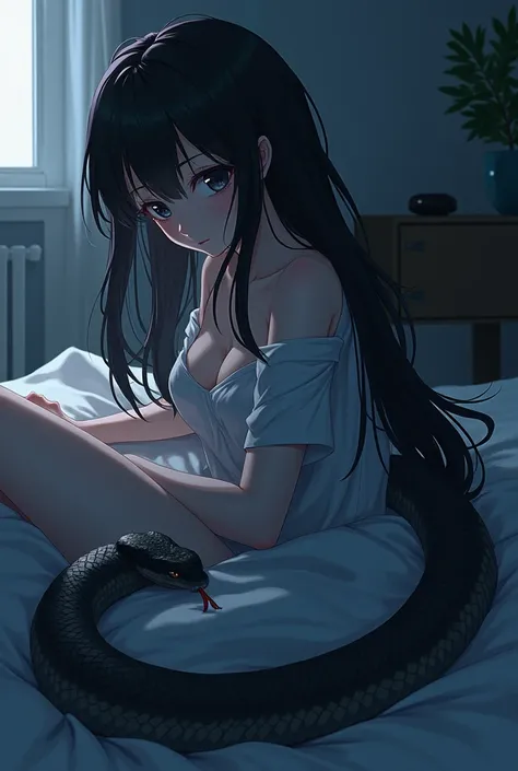 Anime snake girl her lower part is that of a snake with black hair with black eyes a snakes tongue in a bedroom at night 