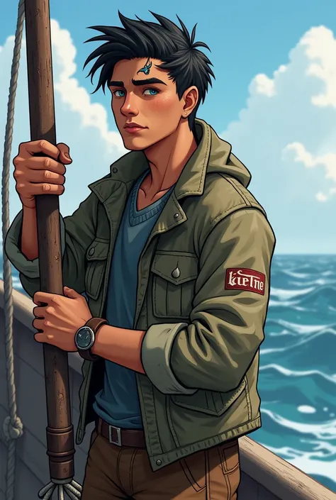 24 year old guy with black hair and blue eyes, who is a fisherman with a small star tatoo on his temples, wearing fisherman outfit