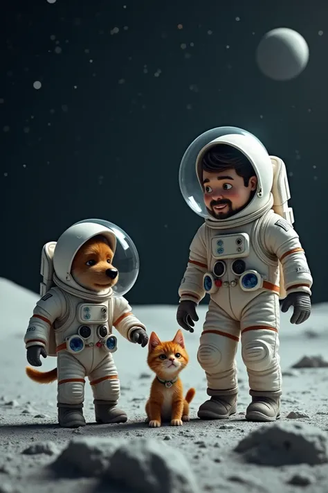 and his dog are walking around the dome of the moon base wearing space suits and helmets, the cat is also wearing a space suit and a transparent spherical helmet, they are floating above the ground, the dark moon surface and the vast universe can be seen i...