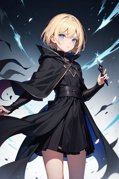 black cloak, child girl, blonde short hair, blue eyes, holding daggers
