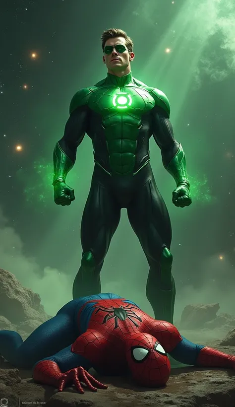 Make a realistic image where green lantern standing on the dead body of spiderman and green lantern standing with resting one leg on the dead body of spiderman and the background is universe