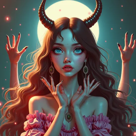 REMOVE THE HORNS,  The necklace , The earrings and that you can see some long black and terrifying hands clutching her