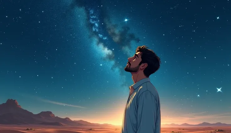 A man (late 20s, Middle Eastern, short black hair, brown eyes) standing in a vast, quiet desert under a starry sky. He gazes upwards, his face calm and filled with reverence. The stars shine brightly, reflecting a sense of divine love and connection. The s...