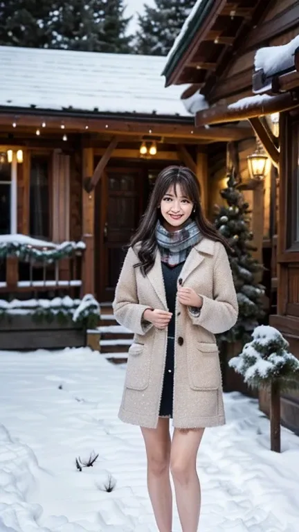 (Wore a winter uniform and scarf coat、 Close-up portrait of a girl with long hair and dull bangs:1.5)、(one person*** wearing a winter uniform and scarf coat spreads her arms and has a shy smile :1.5)、Age 25、( Christmas decorations on a street corner on a s...