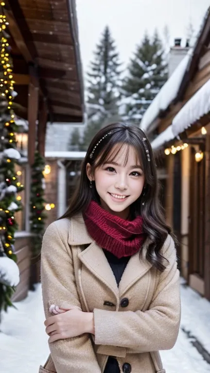 (Wore a winter uniform and scarf coat、 Close-up portrait of a girl with long hair and dull bangs:1.5)、(one person*** wearing a winter uniform and scarf coat spreads her arms and has a shy smile :1.5)、Age 25、( Christmas decorations on a street corner on a s...