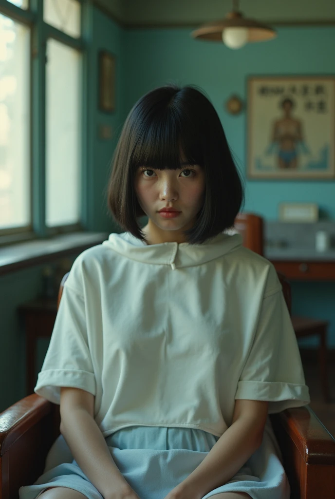  one girl who is at ease,  black hair, bangs, Bob Haircut,  Im wearing a white poncho for a haircut ,  sitting on a barber chair with her back stretched out,  inside an old Showa retro barber shop , Mental Silence , Transcendent Silence,  looking for somet...