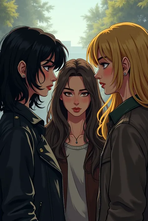 Three college girls talking , one with wavy black hair, leather jacket and the other two brown and yellow hair in college style, a mysterious atmosphere of intrigue and not so happy.