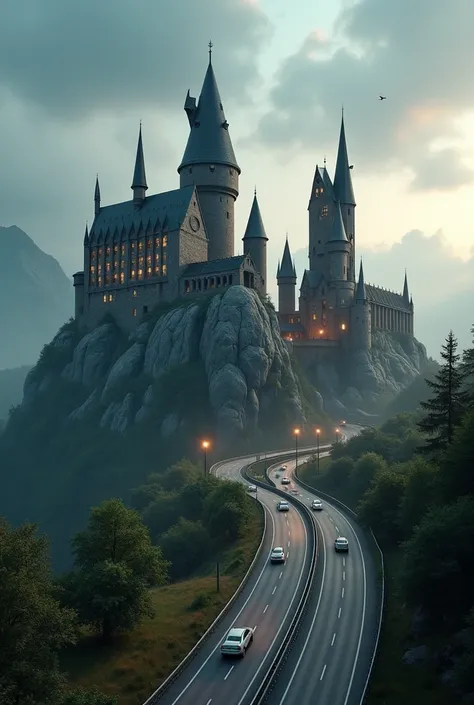 Hogwarts school with a highway that bypasses the modern digital world