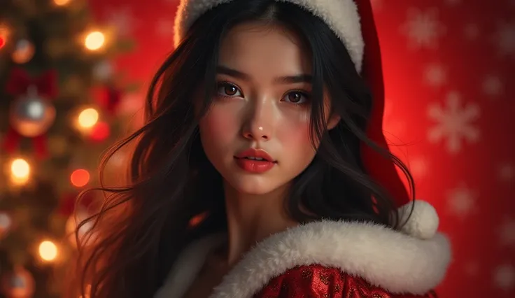 (  photorealism:1.2),   Beauty , Long Hair , I&#39;interior,  soft lighting , A  ,  Details are complicated ,  warm shades, Dark Eyes, 18 years old ，  Christmas costume with only a realistic face、  red christmas background  