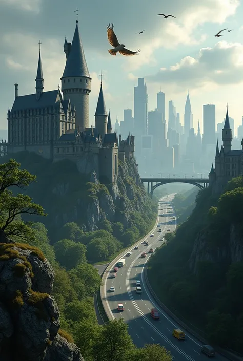 Hogwarts school with a highway and a big city next to modern Muggle