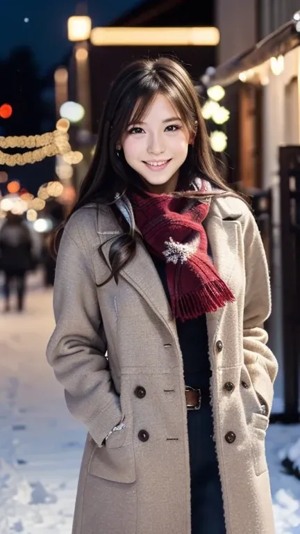 (Wore a winter uniform and scarf coat、 Close-up portrait of a girl with long hair and dull bangs:1.5)、(one person*** wearing a winter uniform and scarf coat spreads her arms and has a shy smile :1.5)、Age 25、( Christmas decorations on a street corner on a s...