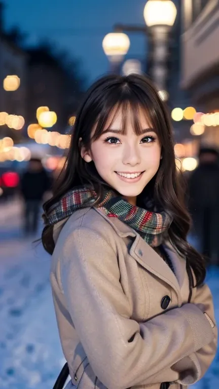 (Wore a winter uniform and scarf coat、 Close-up portrait of a girl with long hair and dull bangs:1.5)、(one person*** wearing a winter uniform and scarf coat spreads her arms and has a shy smile :1.5)、Age 25、( Christmas decorations on a street corner on a s...