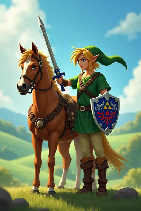 Zelda ocarina del Tiempo 
Link about Epona with her sword and shield
