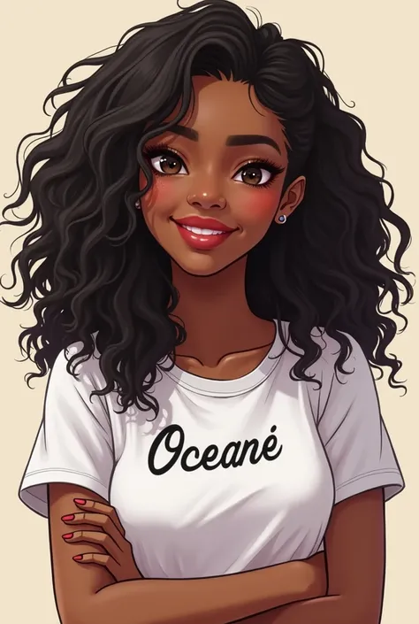 Oceane❤️💍 une jolie fille noire . Elle se coiffe au salon et elle sourit . Elle a son nom écrit sur son teeshirt. L’image est dessin.