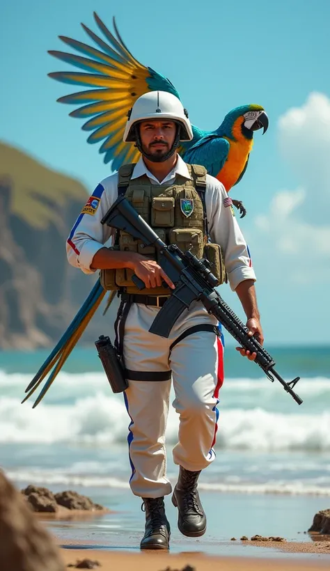 A highly detailed, ultra-realistic image of a soldier from the state of Bahia walking confidently while holding a Mosquefal rifle. The soldier is dressed in a vibrant white uniform with blue and red stripes, inspired by the flag of Bahia, with the state’s ...