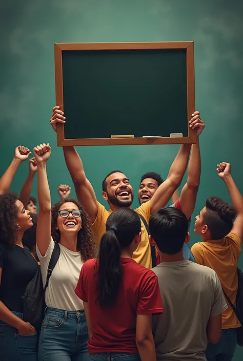 Create a sign with a blackboard and students on their backs with their fists raised  