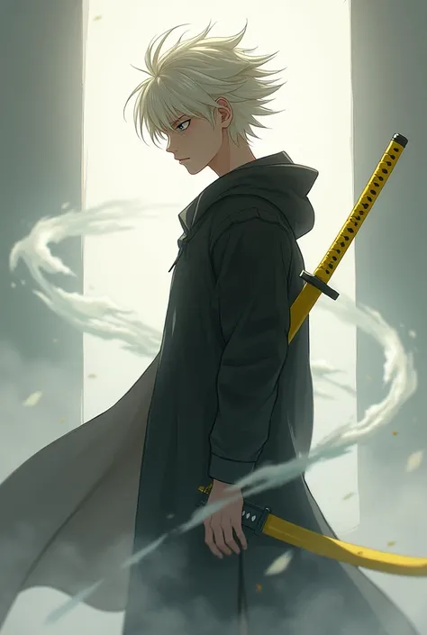 A teenage boy with platinum blonde hair standing to the side like a shadow figure with gravitational aura around him with a yellow katana in anime style 