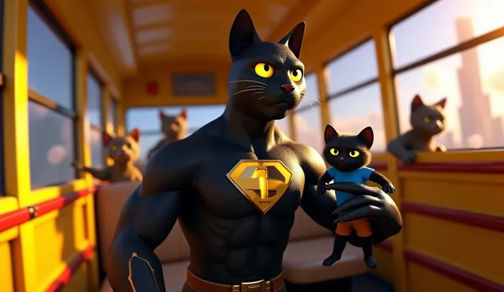 3d cartoon pixar style.A 3D humanoid feline superhero in The Incredibles style. The character is a large, muscular black cat with short black fur and glowing yellow eyes, wearing an all-black futuristic superhero costume with shiny details and a golden Sup...