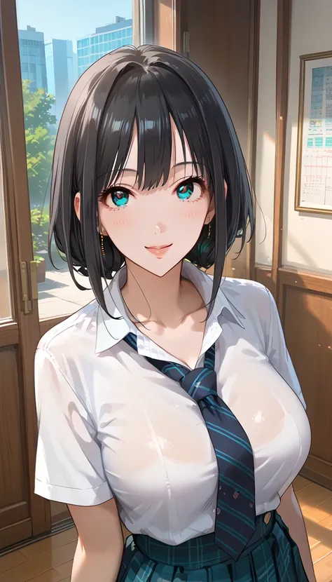 score_9, score_8_up, score_7_up, source_anime,masterpiece,best quality,beautiful detailed eyes, beautiful detailed lips, extremely detailed eyes and face, long breasts, 1 woman, Smile, school uniform, large sagging breasts, shockingly large breasts, large ...