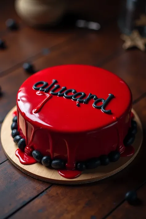 Create an image of a simple red cake with the words alucard written on it