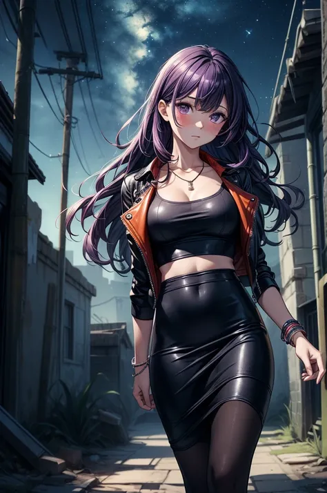 ((masterpiece, best quality:1.3, high detail)), beautiful serious woman walking, looking at viewer, long wavy hair, (dark purple hair), hairpin, bright purple eyes, light blush, (leather jacket), (long black pencil (skirt)), long skirt, necklace, bracelets...