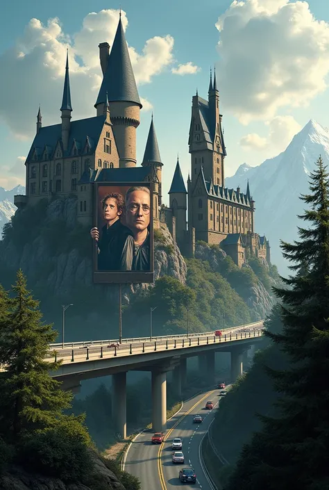 Hogwarts school with a highway and a big city next to modern Muggle with Sylvester Stallone and Daniel Radcliffe as movie poster in the photo