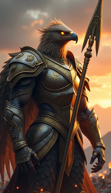 An ultra-realistic depiction of a majestic warrior eagle standing tall and powerful, adorned in intricate metallic armor. The armor is detailed with gold and silver engravings, glowing faintly with mystical runes, and its sharp-edged design accentuates the...