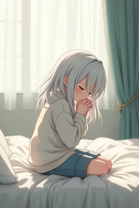 Cute anime girl, white hair, praying on a bed, casual clothes