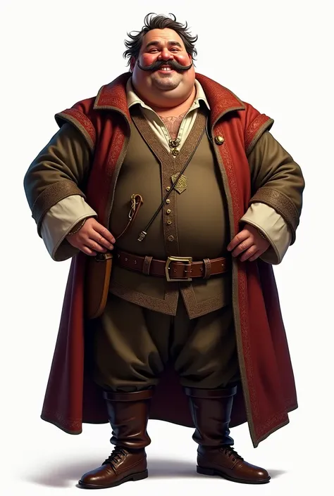  a fat merchant from a medieval era ,  he has a thin mustache and broken hair. a white background image 