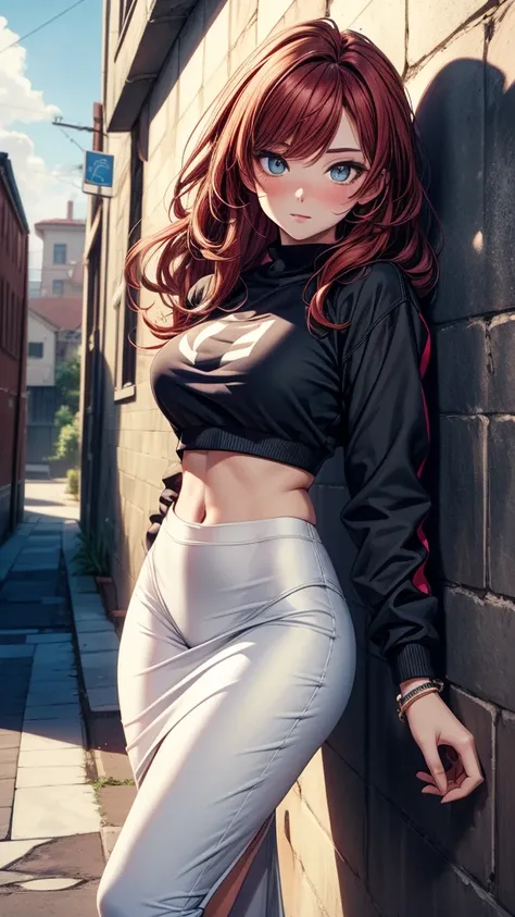 ((masterpiece, best quality:1.3, high detail)), beautiful woman, looking at viewer, long wavy hair, (dark red hair), full-face blush, (white sweatshirt crop top), wrinkled fabric, (long black pencil skirt), long skirt:1.3, midriff, navel, bracelets, collar...