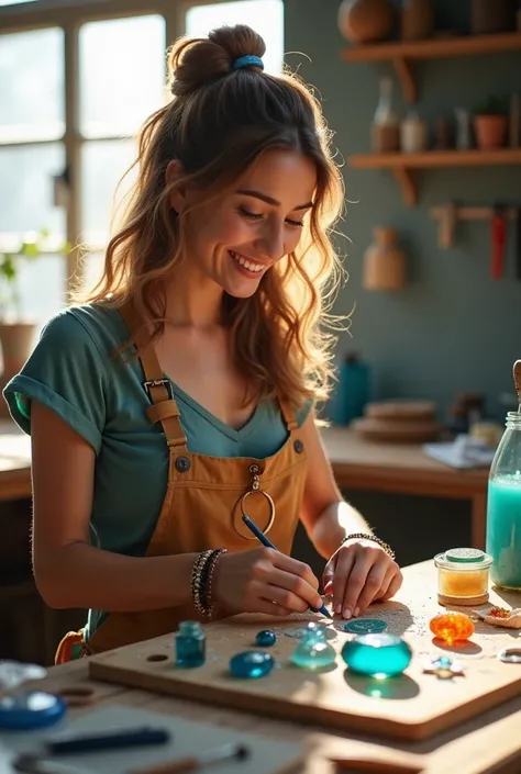 image of a woman smiling in her workshop making beautiful pieces with epoxy resin to sell, Like key rings and book dividers I want a real photo 