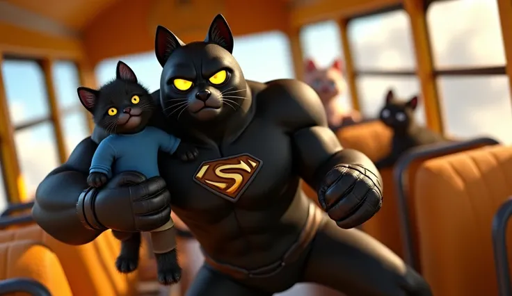 3d cartoon pixar style.A 3D humanoid feline superhero in The Incredibles style. The character is a large, muscular black cat with short black fur and glowing yellow eyes, wearing an all-black futuristic superhero costume with shiny details and a golden Sup...