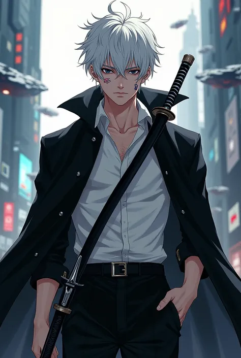  I want a character from Manhwa l , he has white hair, omhos pretos,  wears a black cover ,  his shirt is white with black details, Your pants are black, He has a katana around his waist ,  has a scar on his left eye , Is he in the modern futuristic world....