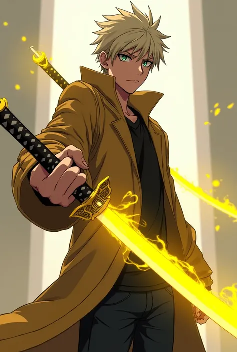 A teenage boy with platinum blonde hair with a grim expression standing to the side with a yellow katana in anime style with a gravitational aura around him 