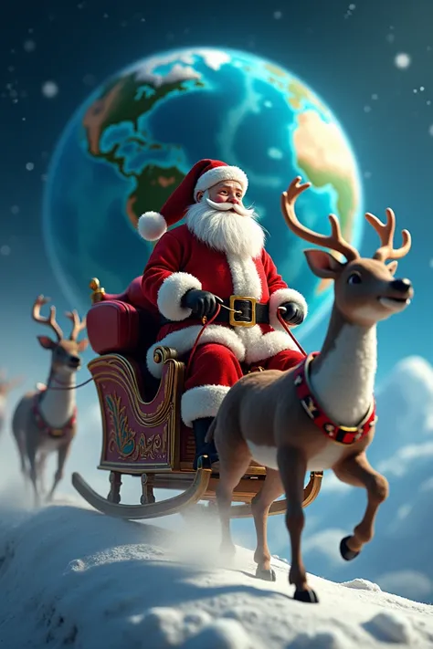 Santa Claus in the reindeer where you can see planet Earth in the background
